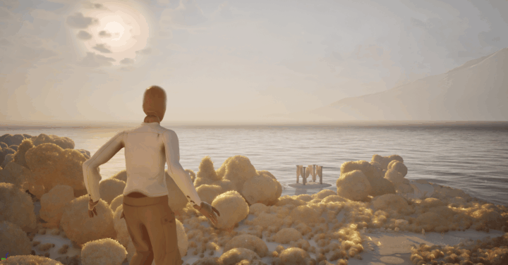 Personnage contemplant l'horizon dans les nuages, univers 3D immersif Serenity Experience | iasagora