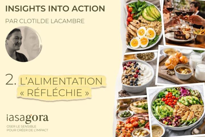 Illustration de l’alimentation réfléchie montrant différents aliments associés à la santé, au plaisir et à l’équilibre nutritionnel.